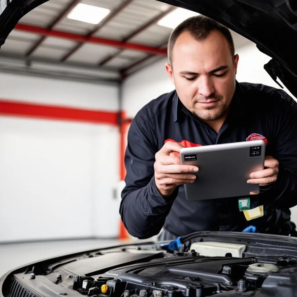 Mechanic using a VCDS tablet to diagnose a car