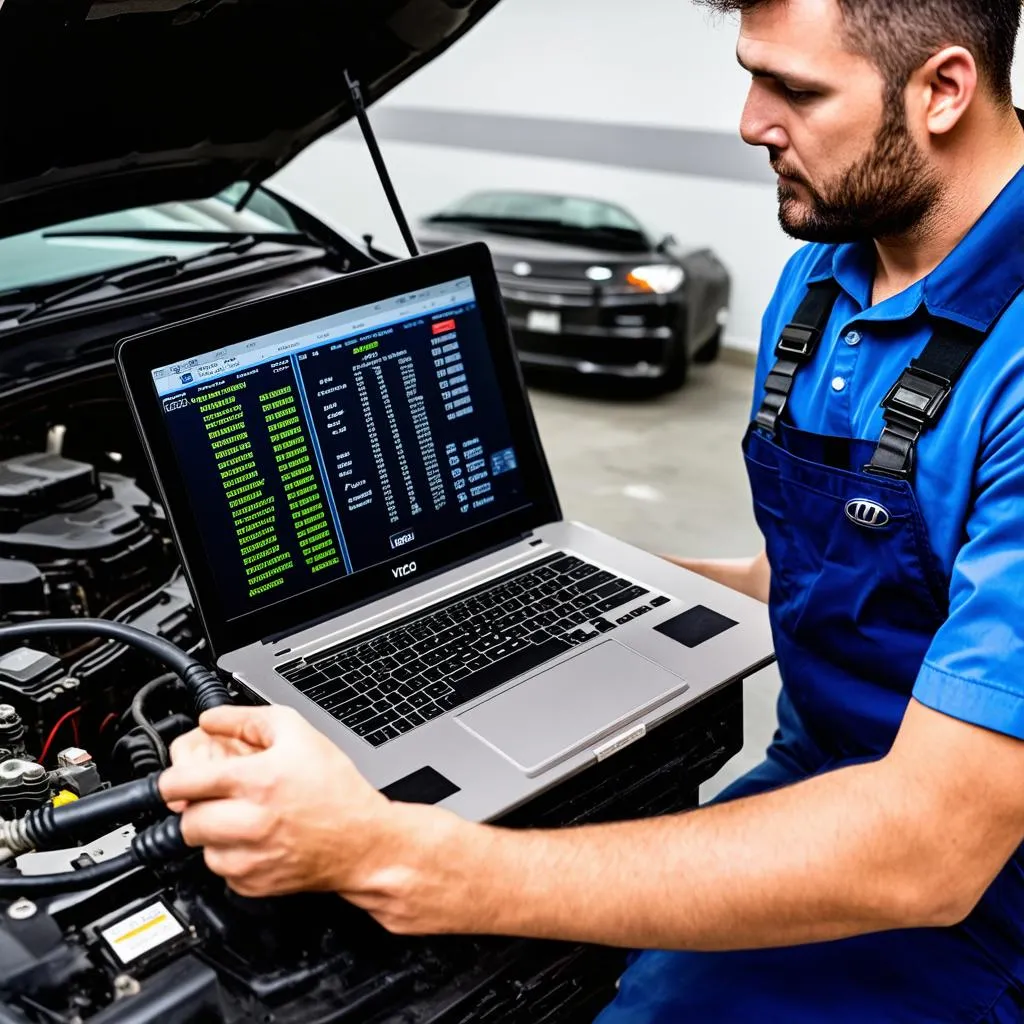 Mechanic using a laptop with VCDS to diagnose a car in a workshop