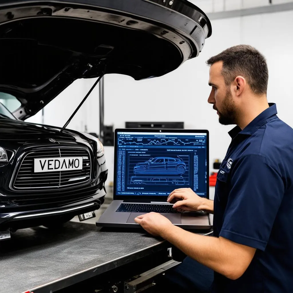 Mechanic using VEDIAMO software to diagnose a Mercedes-Benz