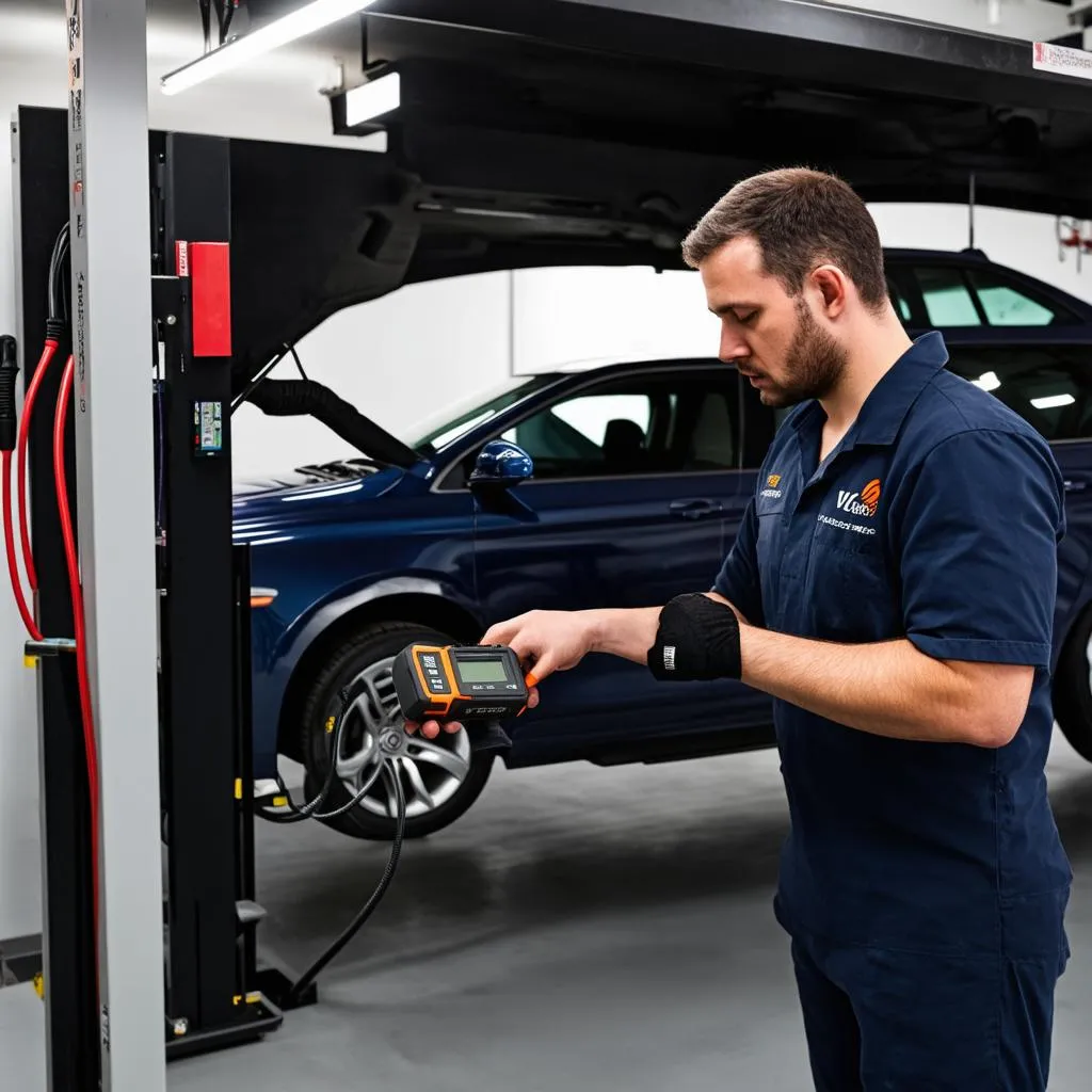 Mechanic using a VVDI tool on a European car