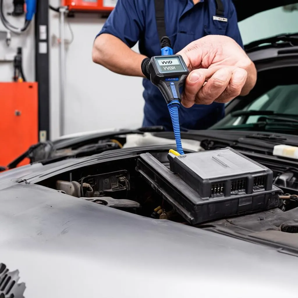 Mechanic using a VVDI diagnostic tool on a car