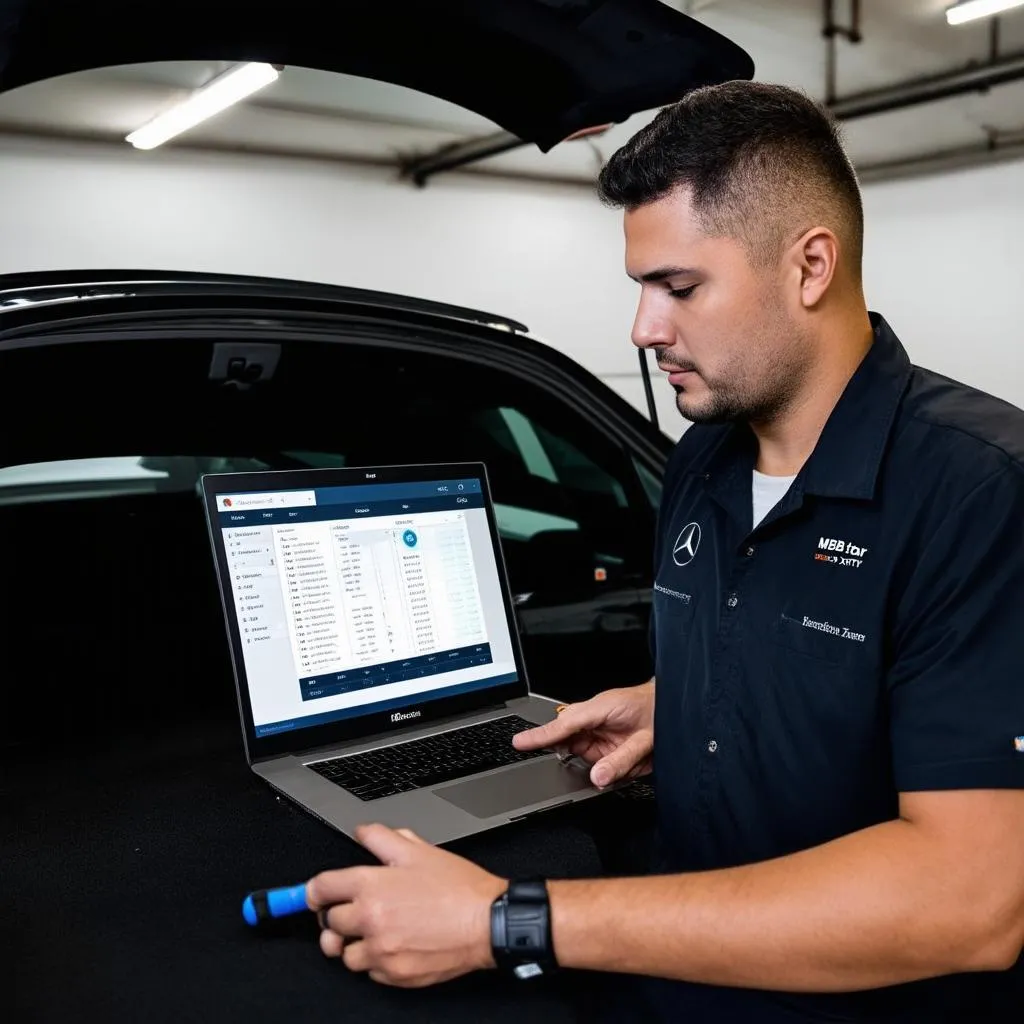 Mechanic Diagnosing a Mercedes with Xentry