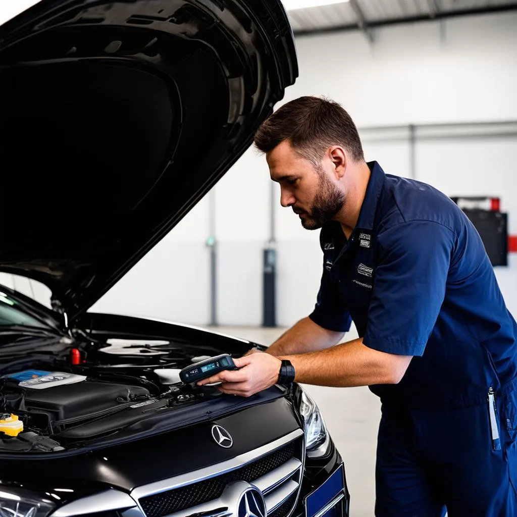 Mercedes mechanic using a diagnostic scanner