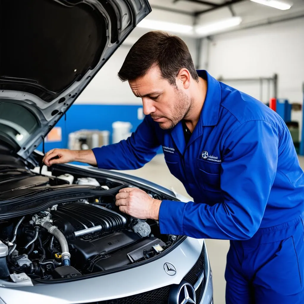 A mechanic working on a Mercedes car