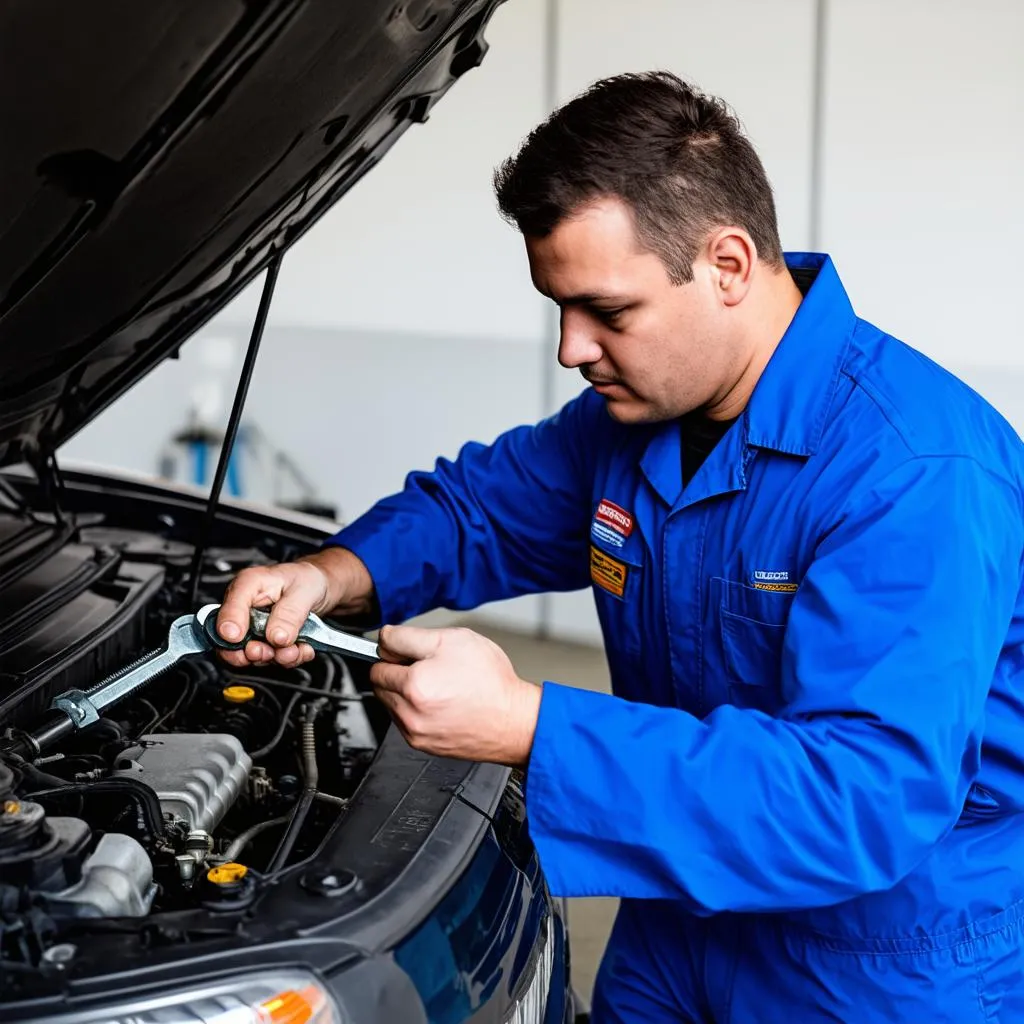 Car mechanic working on a car engine