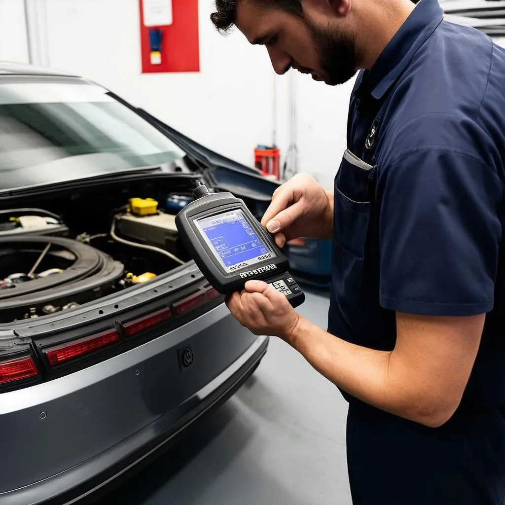 Car mechanic using diagnostic tool