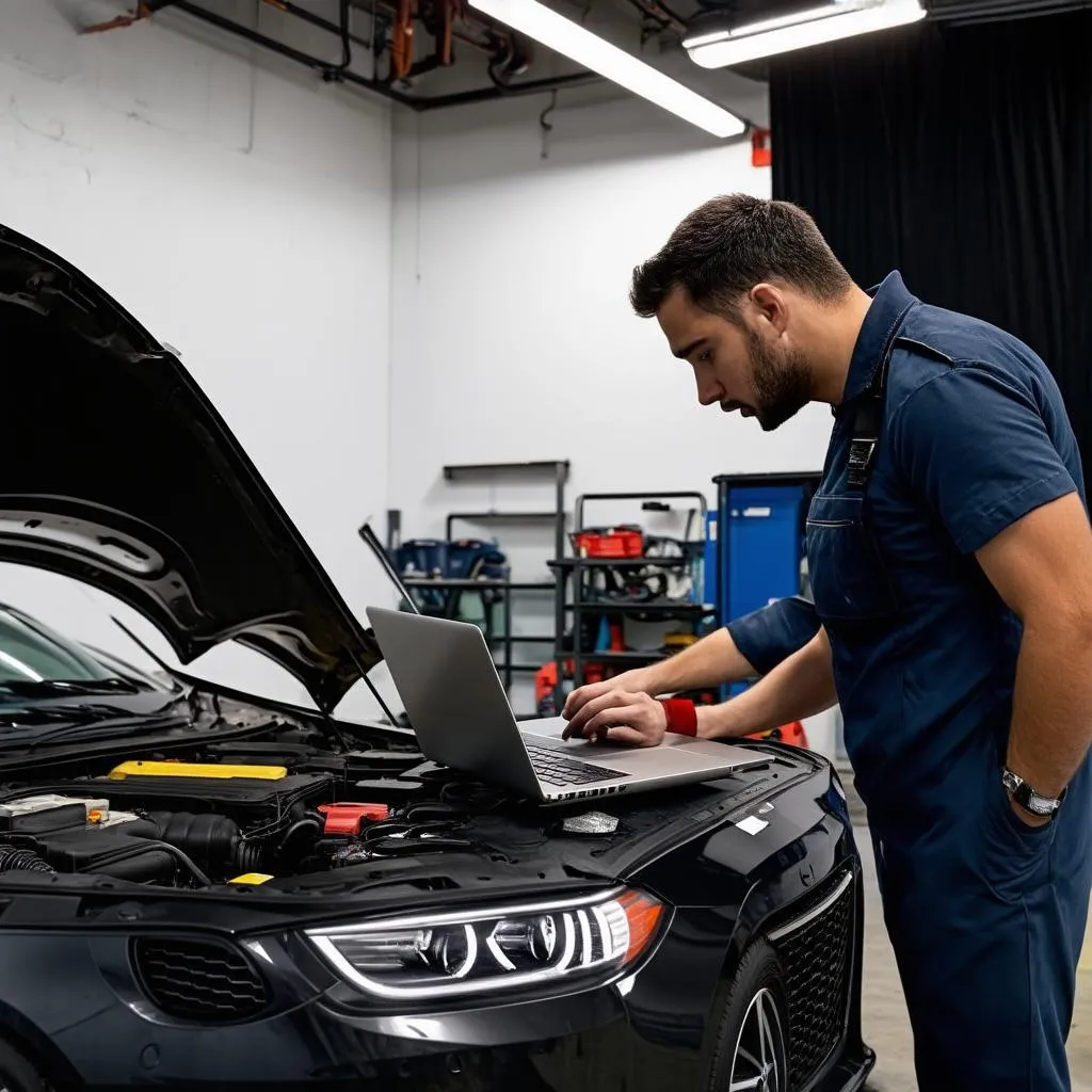 Mechanic using a laptop for car diagnostics