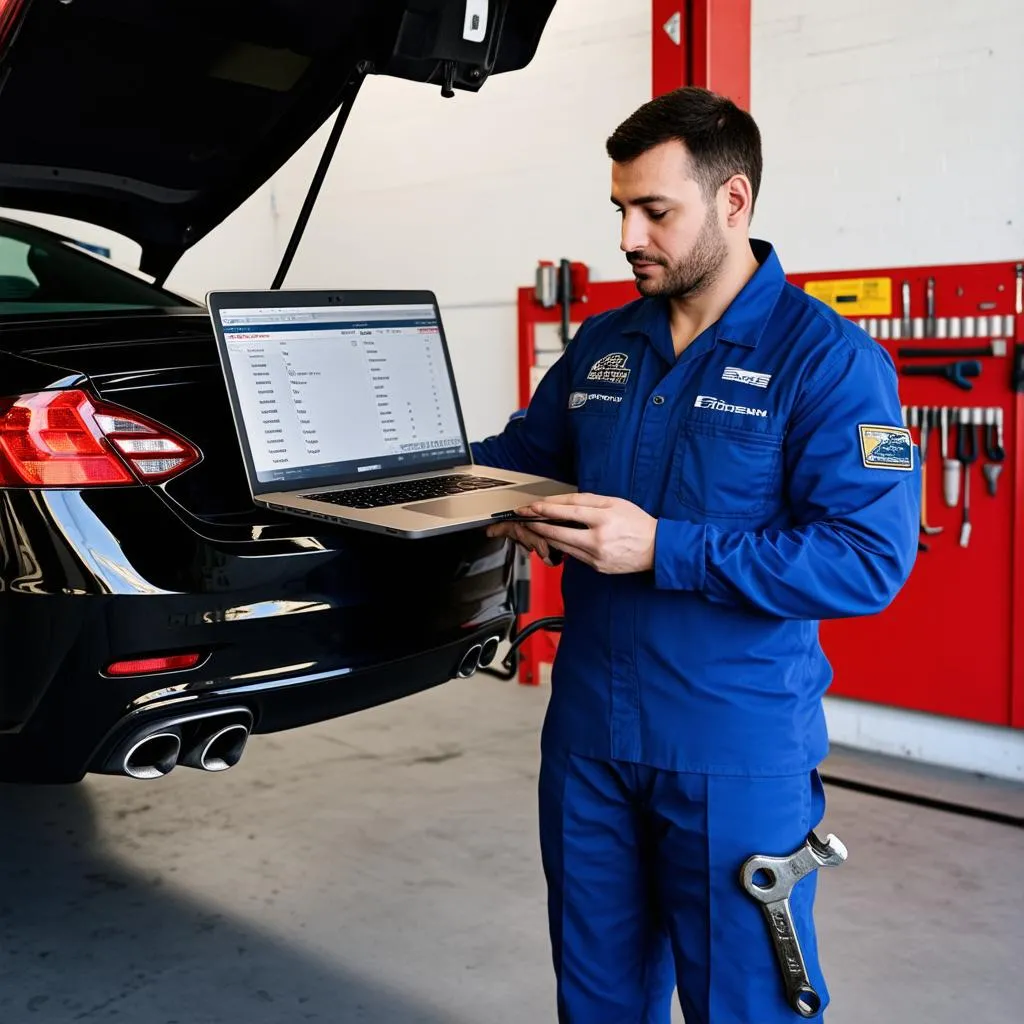 Car mechanic using a laptop for diagnostics