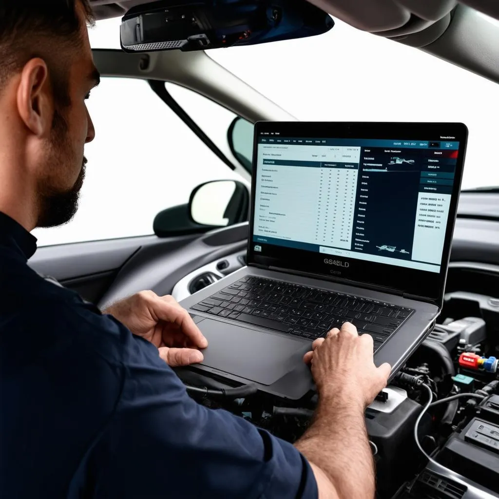 car diagnostic using a laptop connected to the car's computer system