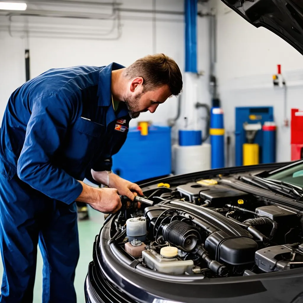 Mechanic Working On Car Engine