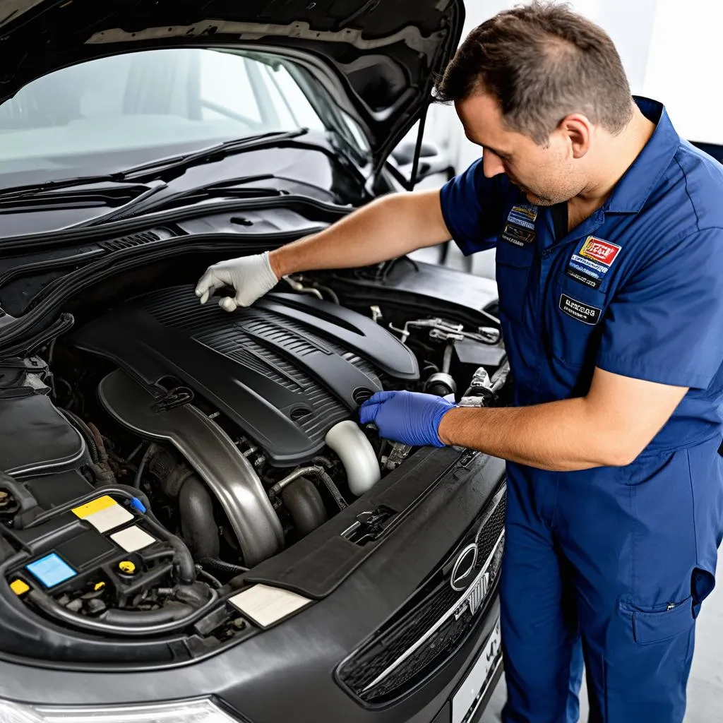 Mechanic working on a car engine