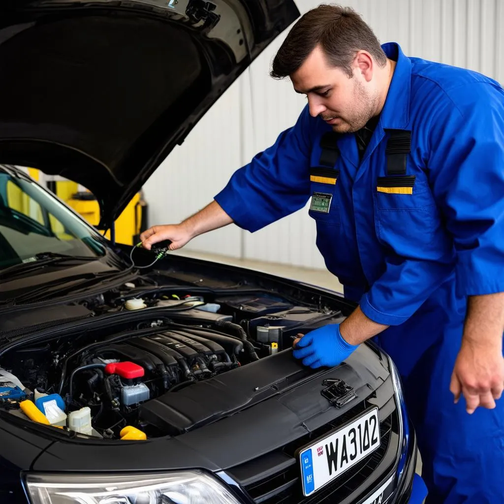 Mechanic using Diagnostic Tool