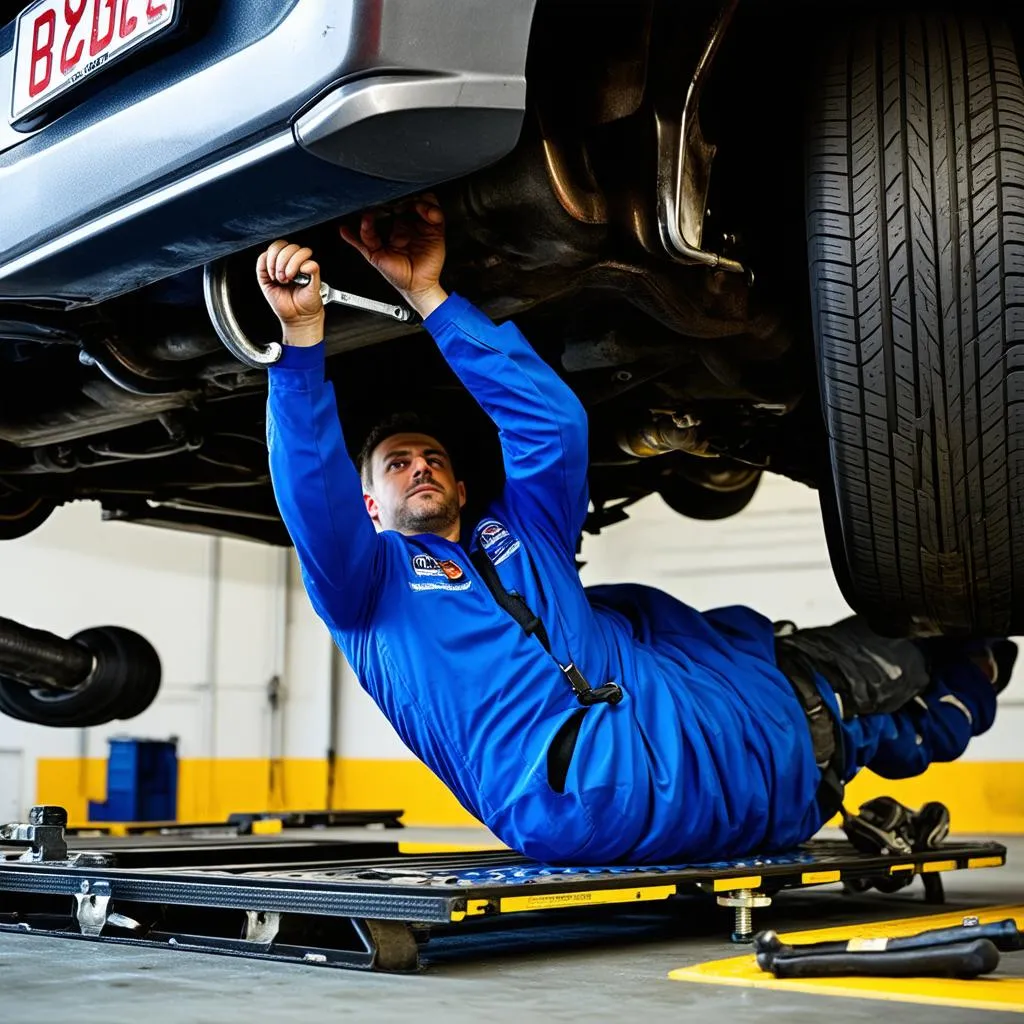 Mechanic working on a car exhaust system