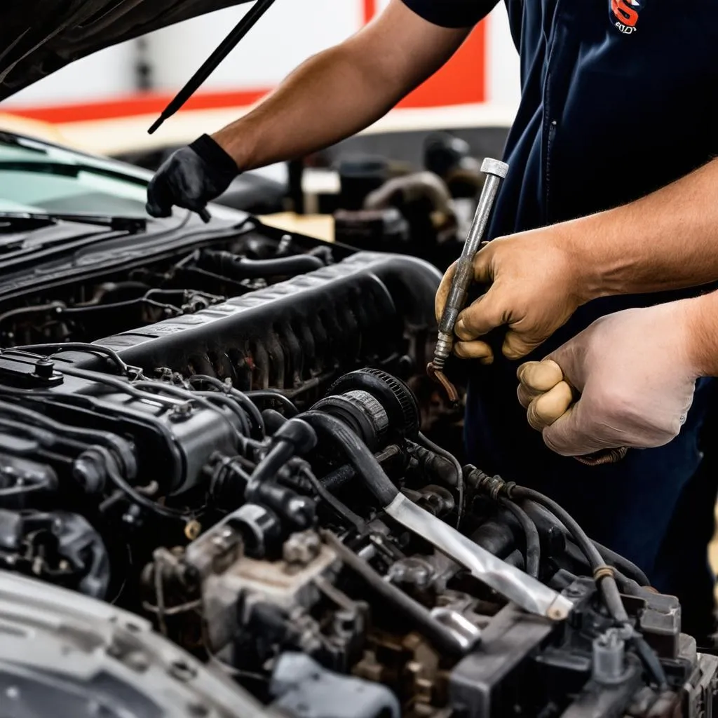 Mechanic Working on Engine