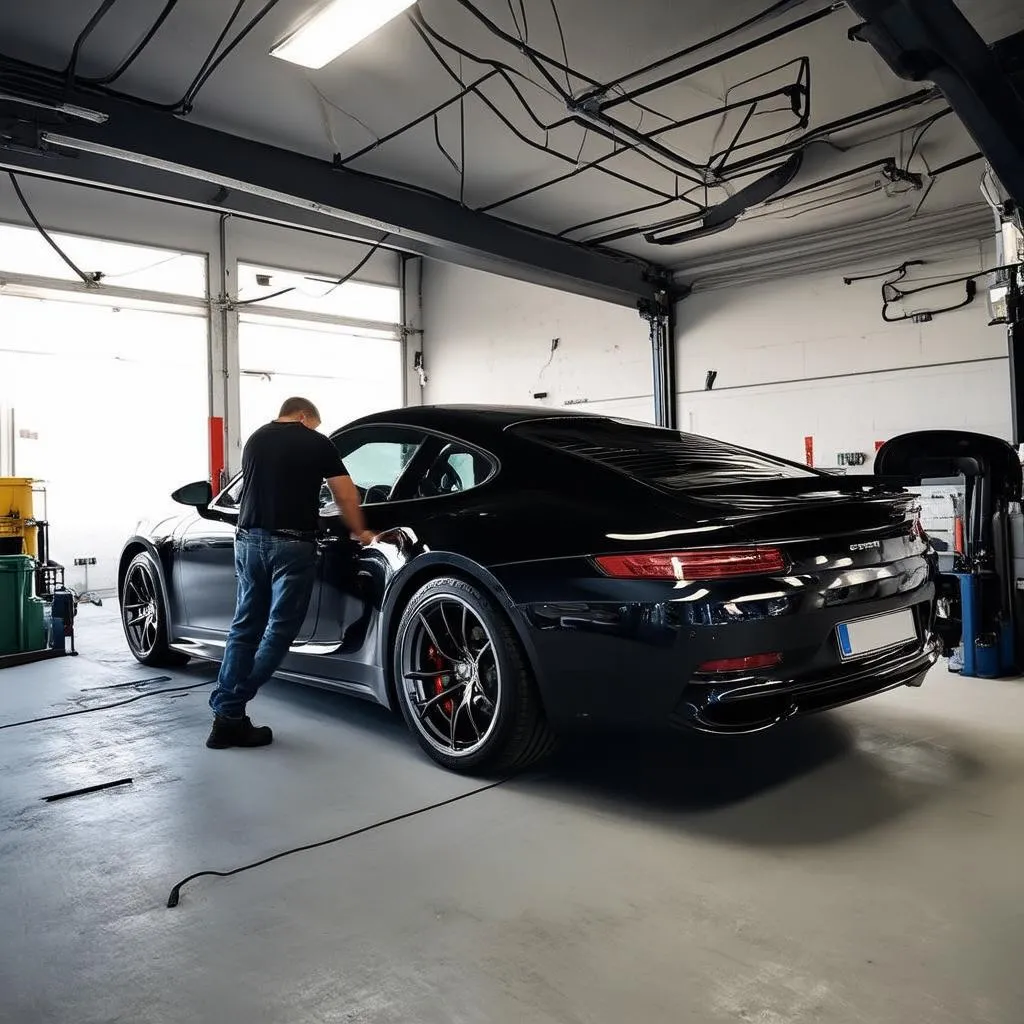 A mechanic is working under the hood of a sleek, modern European car