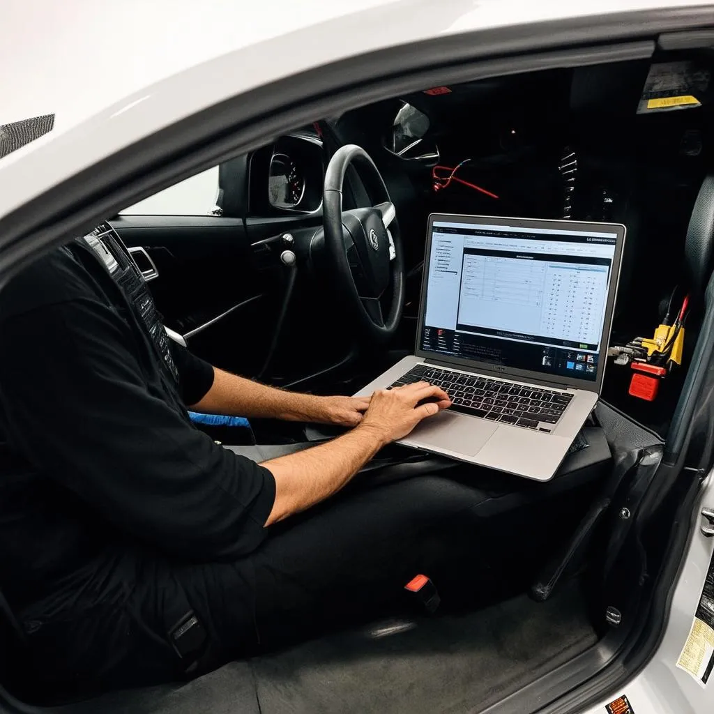 Mechanic working on a laptop while sitting in the driver's seat of a car