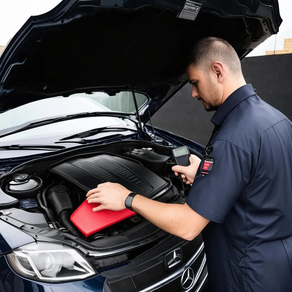 Mechanic diagnosing a Mercedes