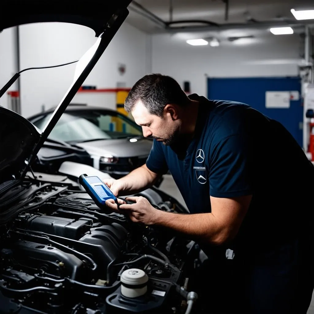 Skilled Mechanic Using Diagnostic Tool on Mercedes-Benz Engine