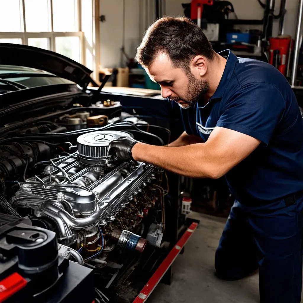 Mechanic Working on Mercedes Engine