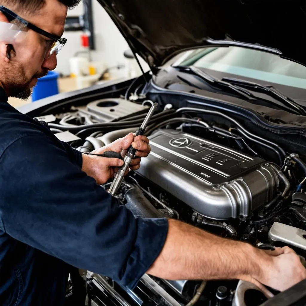 Mechanic Working on Mercedes Engine