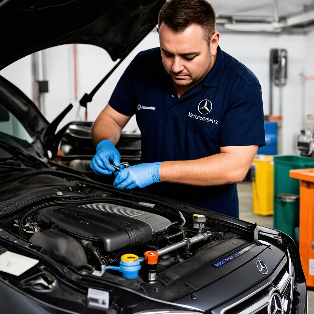 Mechanic Working On Mercedes Engine