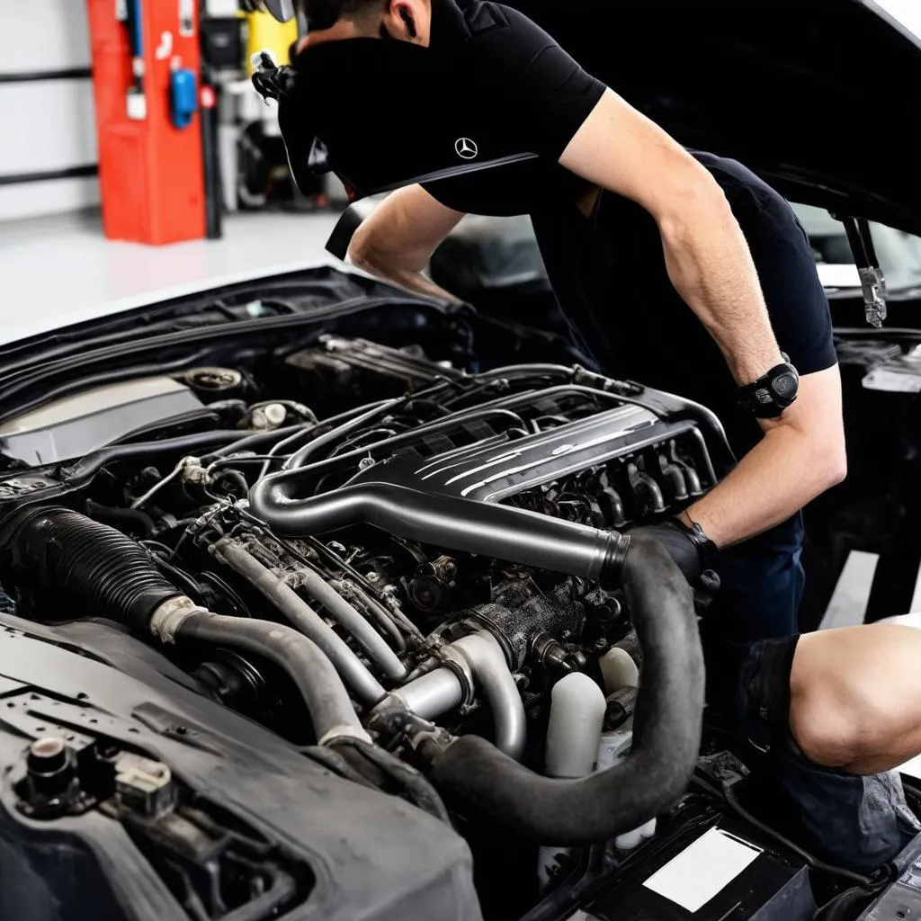 Mechanic Working on Mercedes Engine