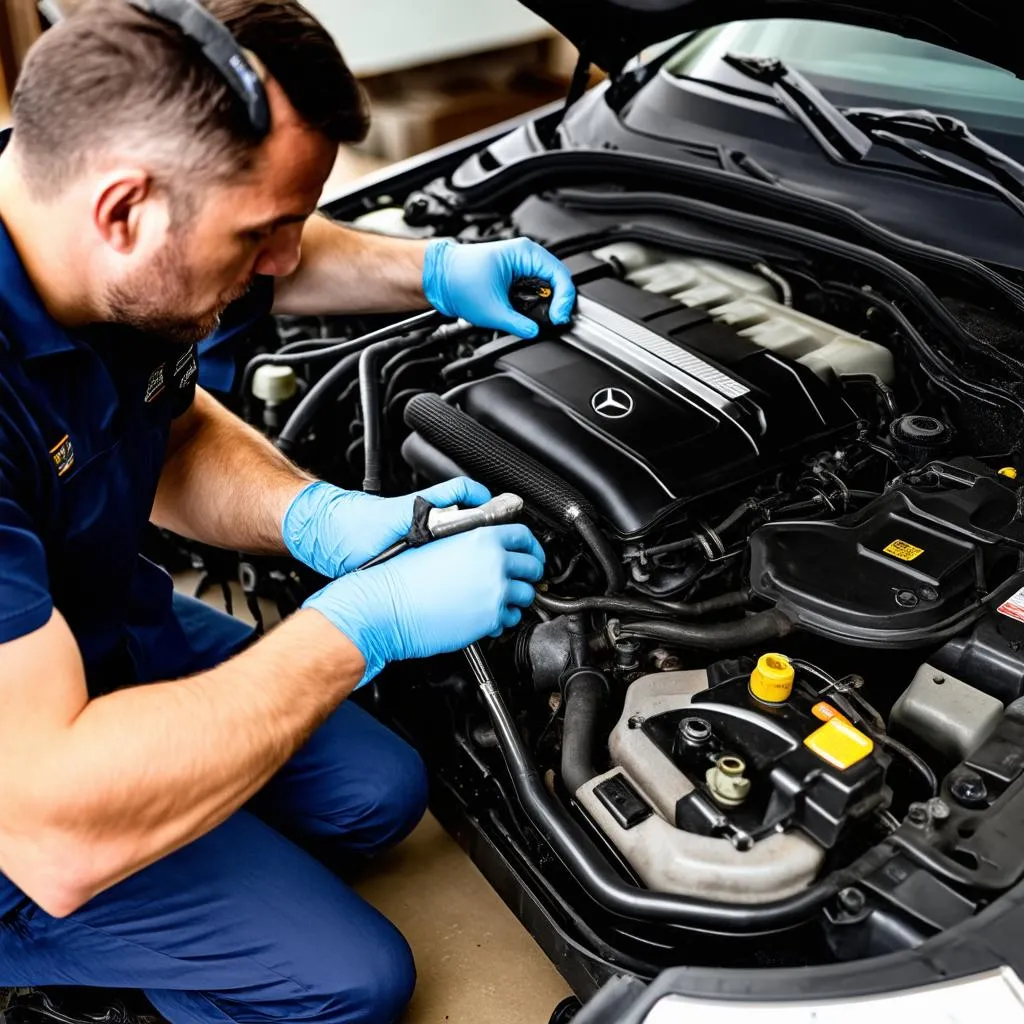 Mechanic Working on Mercedes Engine