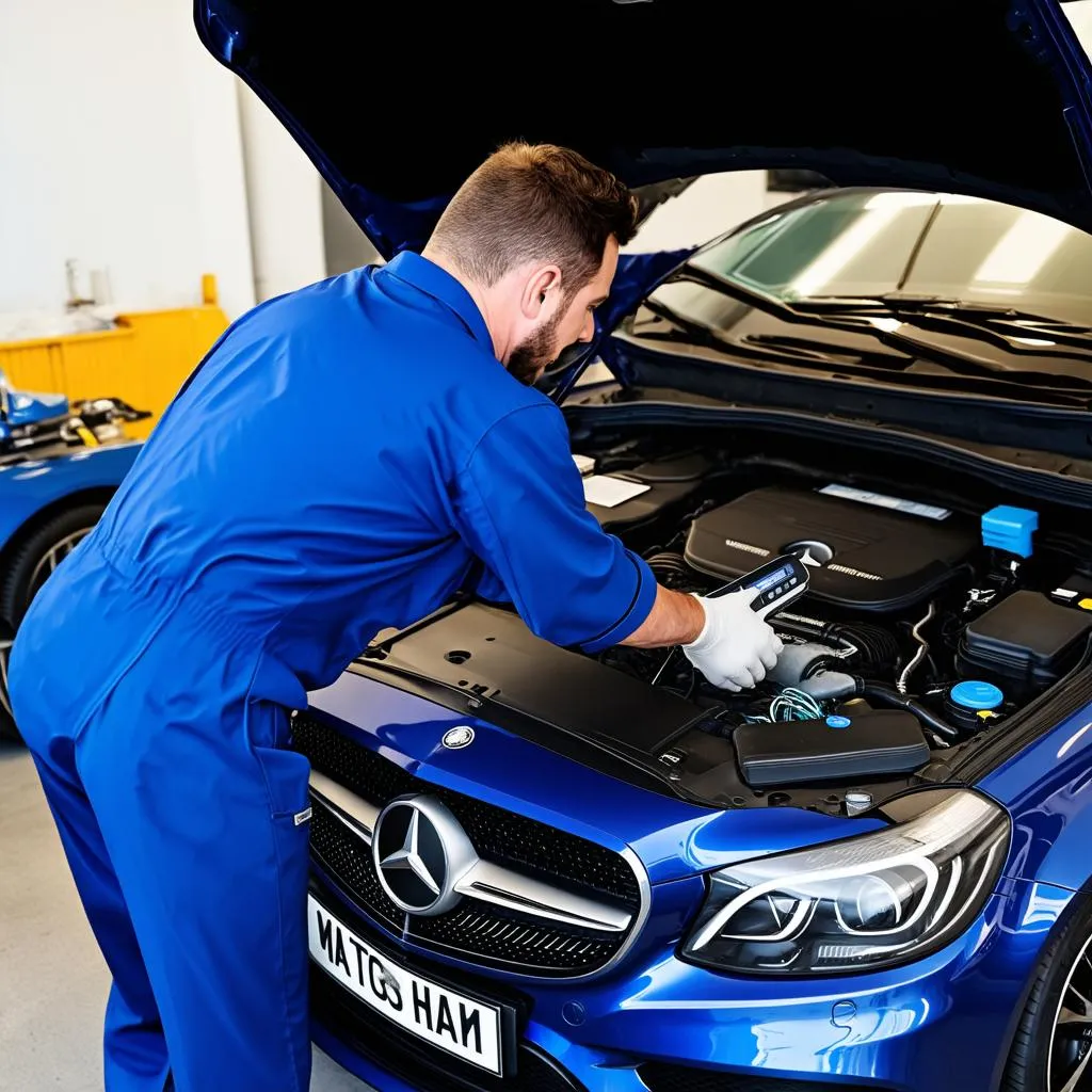 Mechanic Working on a Mercedes Engine