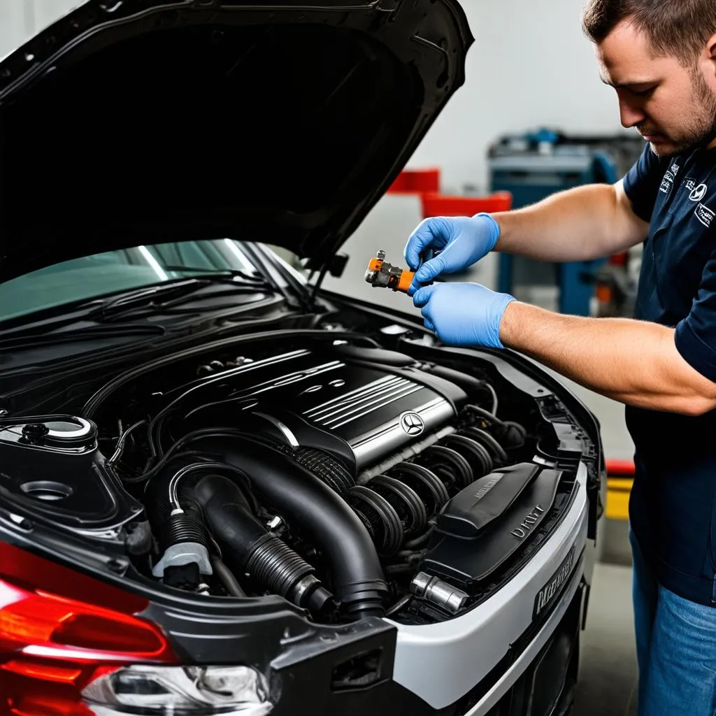 Mechanic Working on a Mercedes Engine