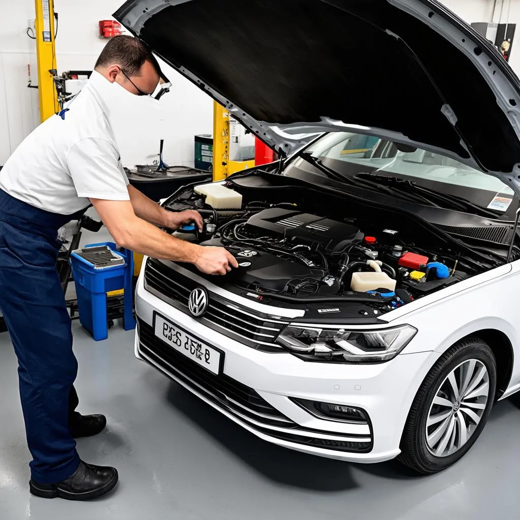 Mechanic working on Passat B7 engine