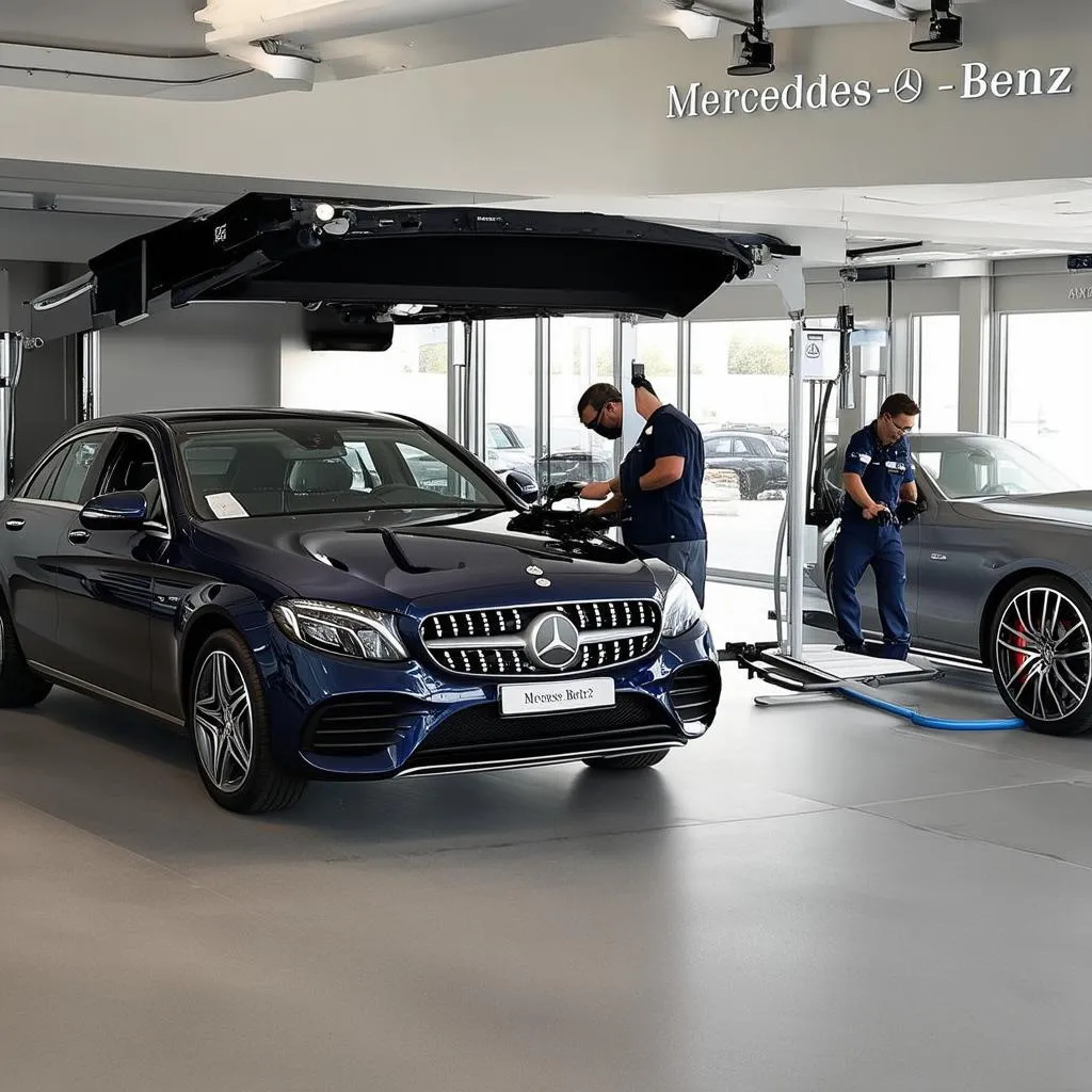 A Mercedes-Benz dealership with a technician working on a car