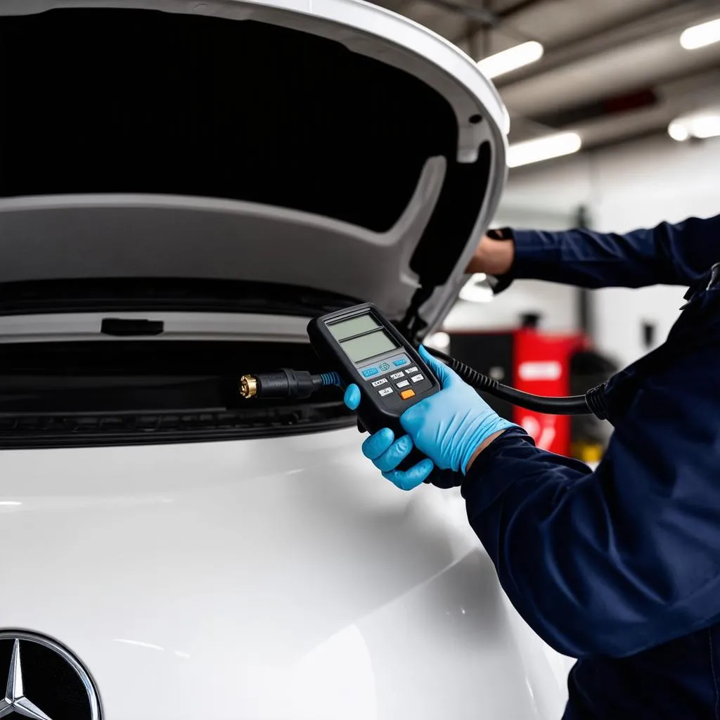 A mechanic using a diagnostic tool on a Mercedes-Benz