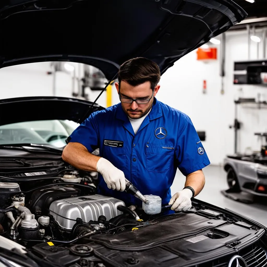 Mechanic Working on a Mercedes-Benz Engine