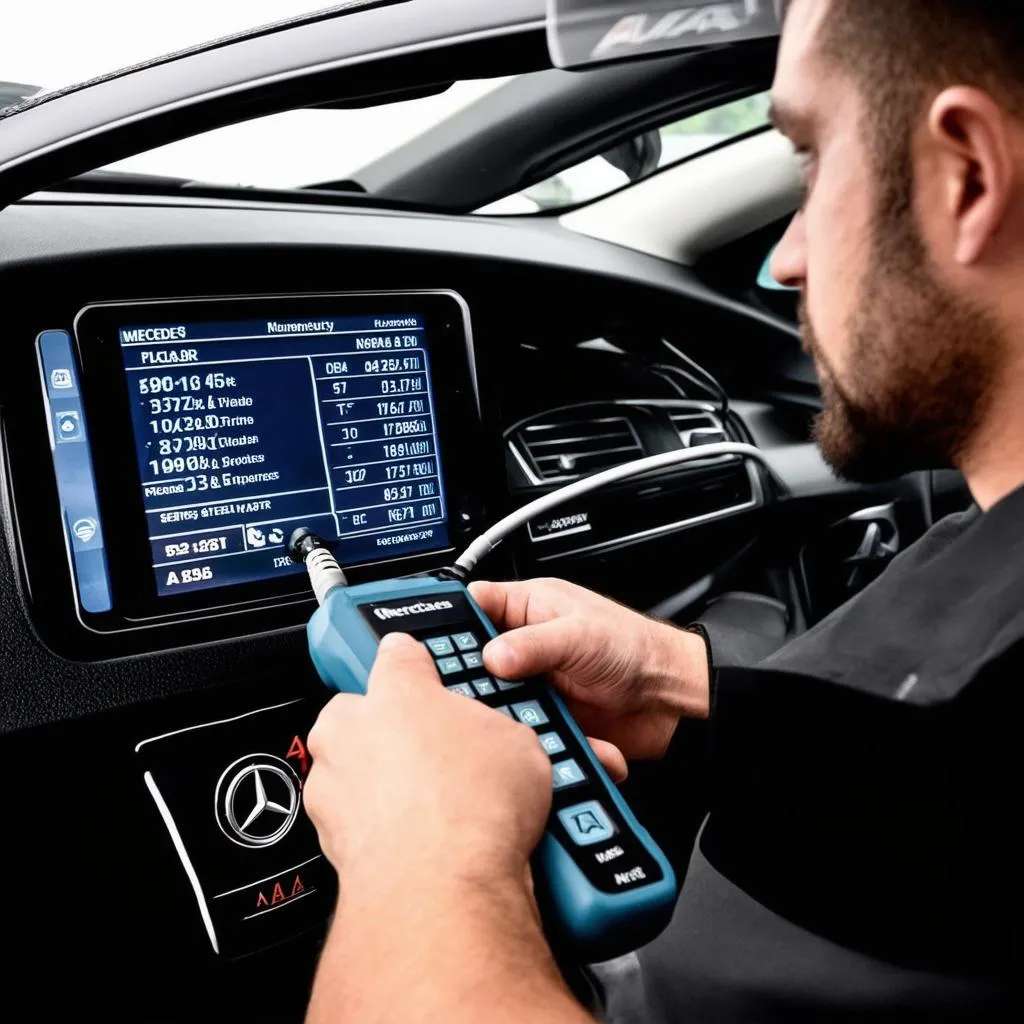 A technician using a diagnostic tool to update the software on a Mercedes A Class