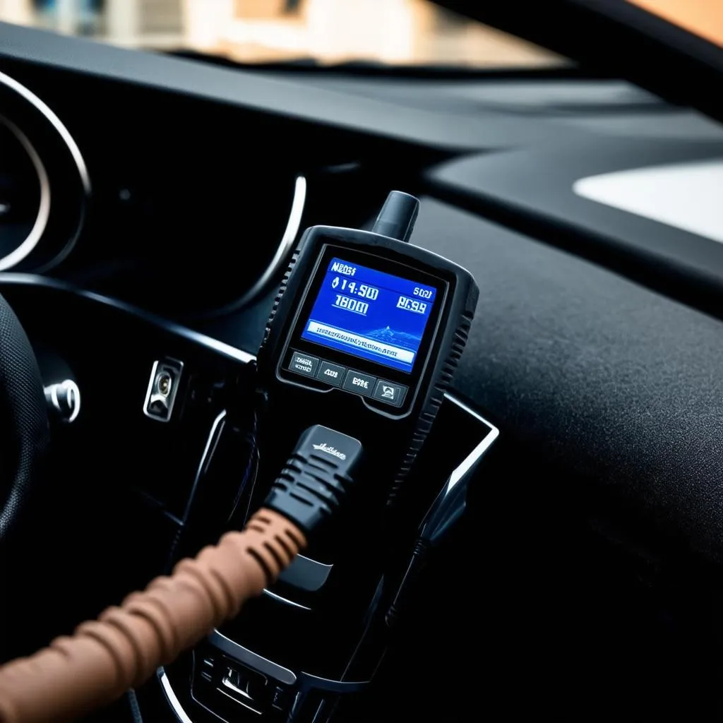 A professional car diagnostic tool plugged into a modern Mercedes-Benz dashboard