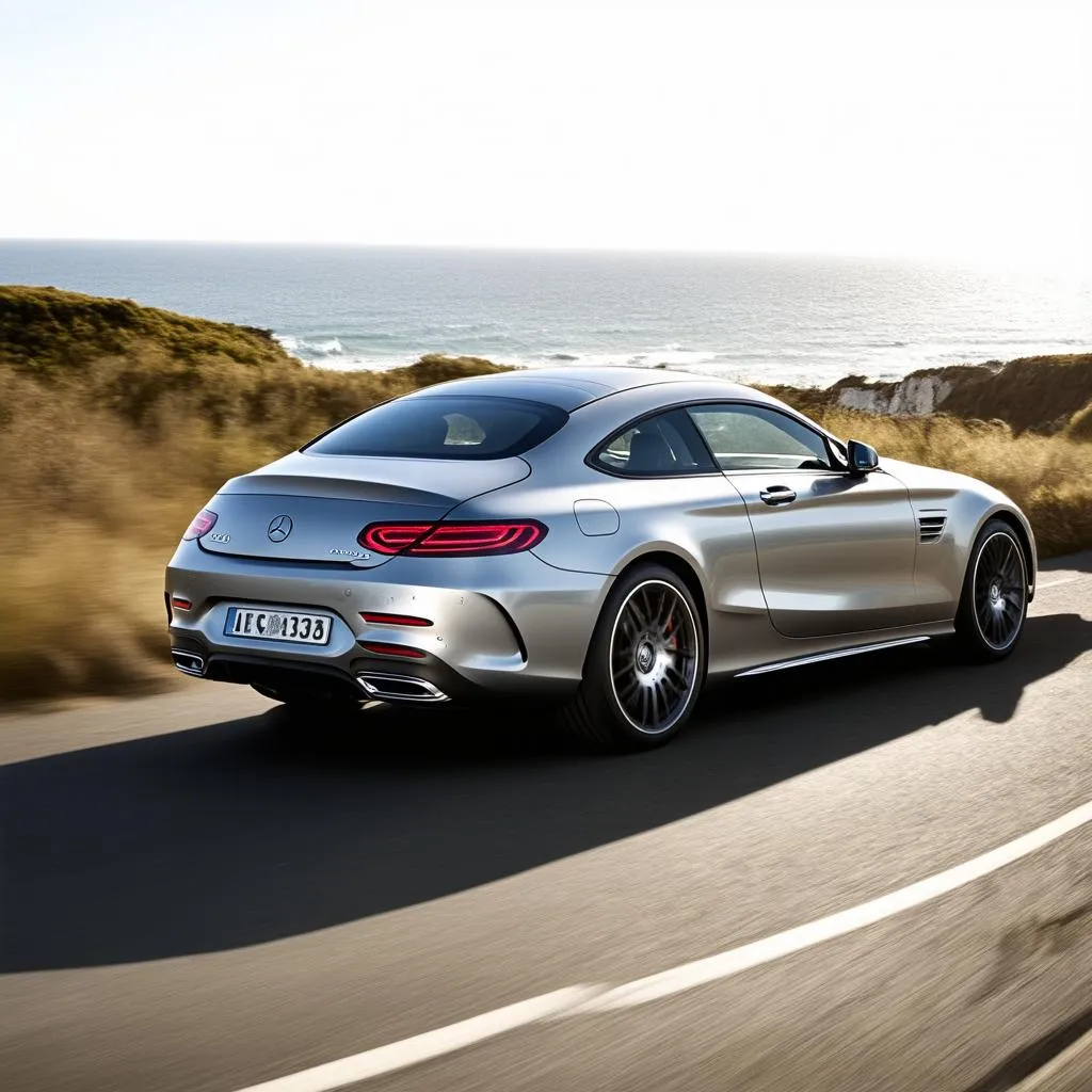 Silver Mercedes driving on a scenic road