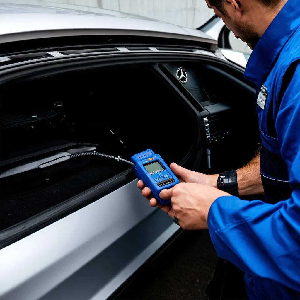 Mechanic using a Mercedes diagnostic tool to troubleshoot a car's engine.