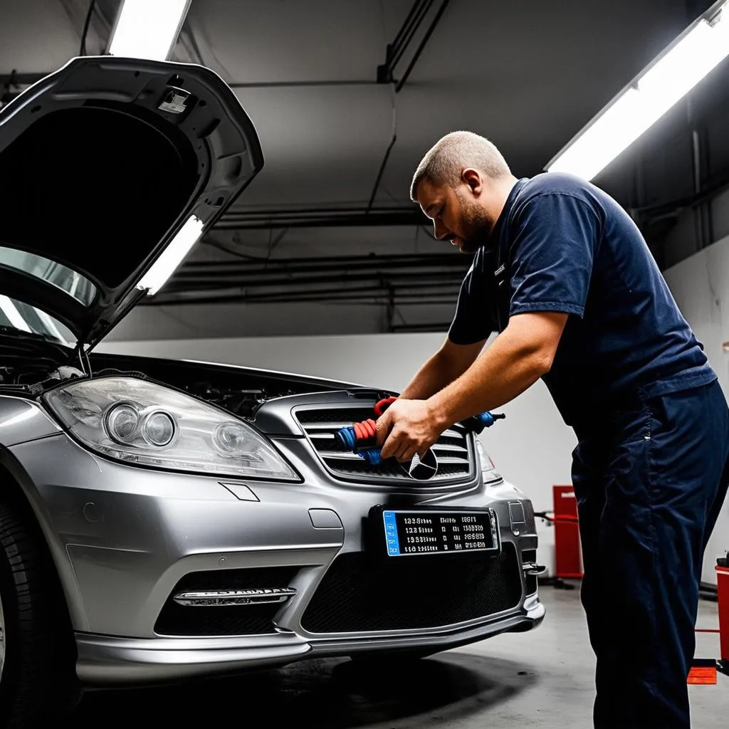 Mechanic using a diagnostic tool on a Mercedes-Benz engine