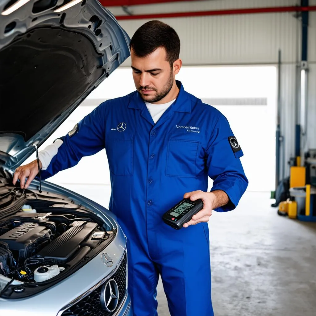 Mercedes-Benz mechanic examining a car engine.