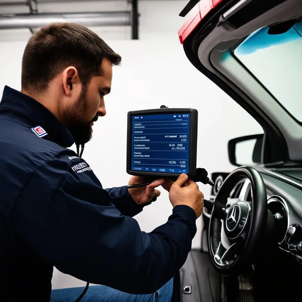 Mercedes Mechanic Using Diagnostic Tool