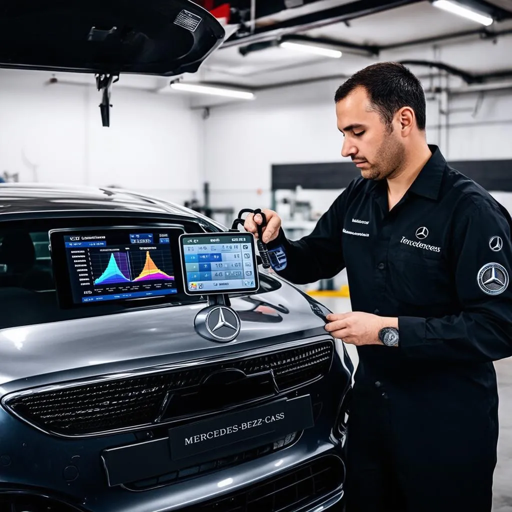 Mercedes Mechanic Using Diagnostic Tool