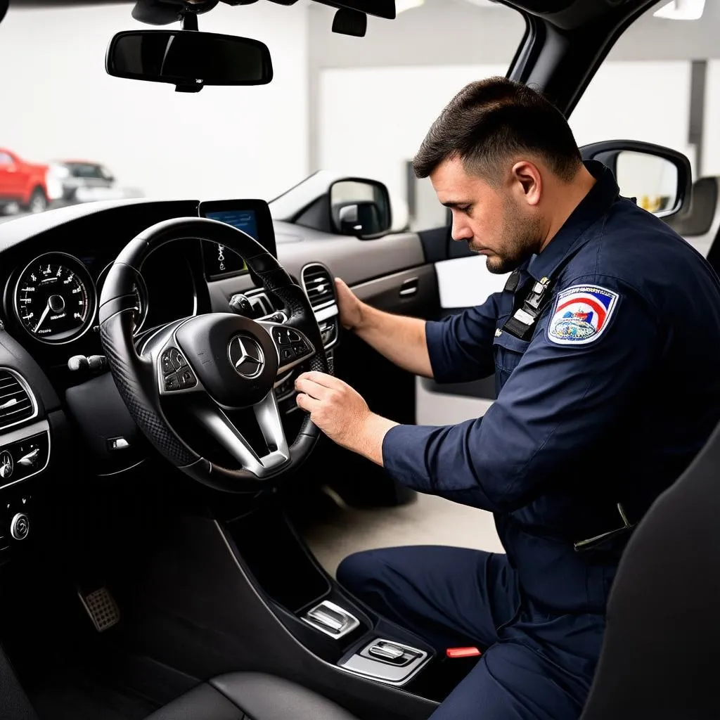 Mercedes Mechanic Inspecting Car