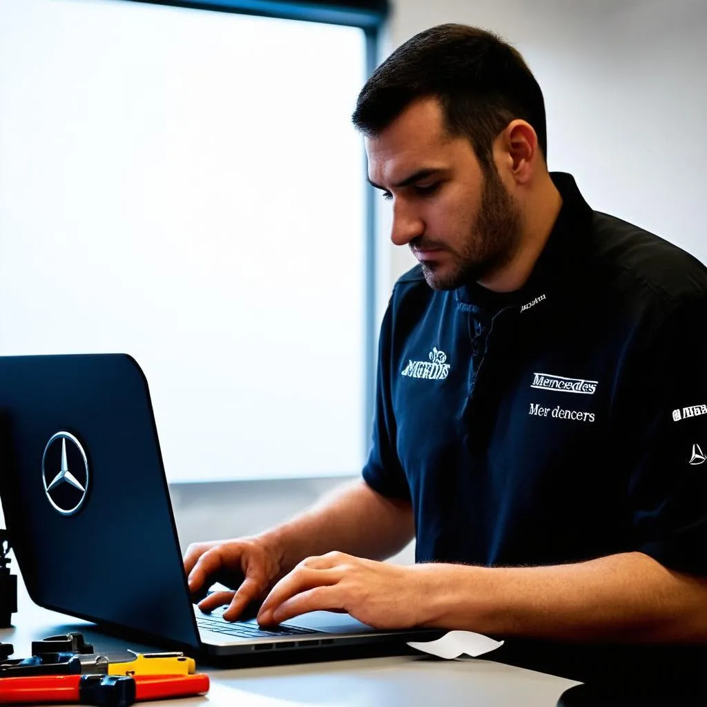 Mercedes Mechanic on Laptop