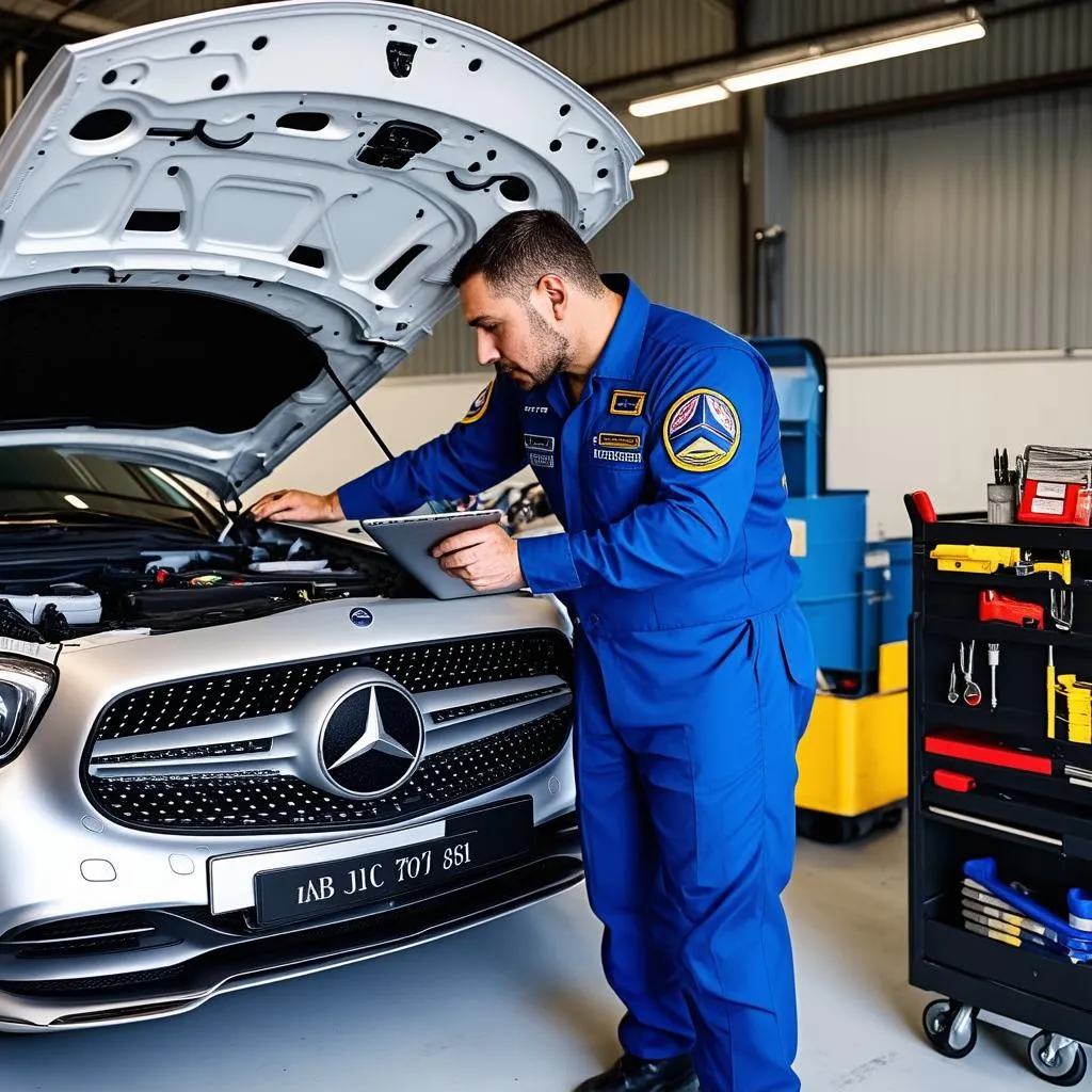 Mercedes Mechanic Using Laptop