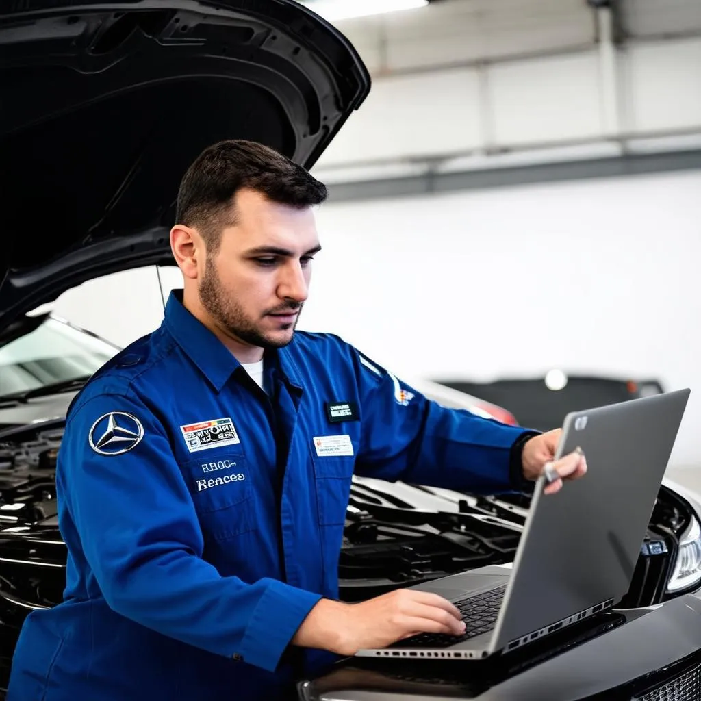 Mercedes Mechanic Using Laptop