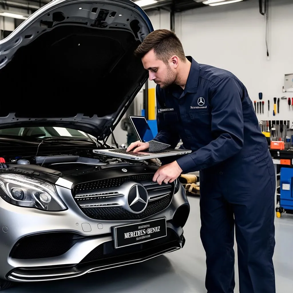 Mercedes Mechanic Using Laptop for Diagnostics