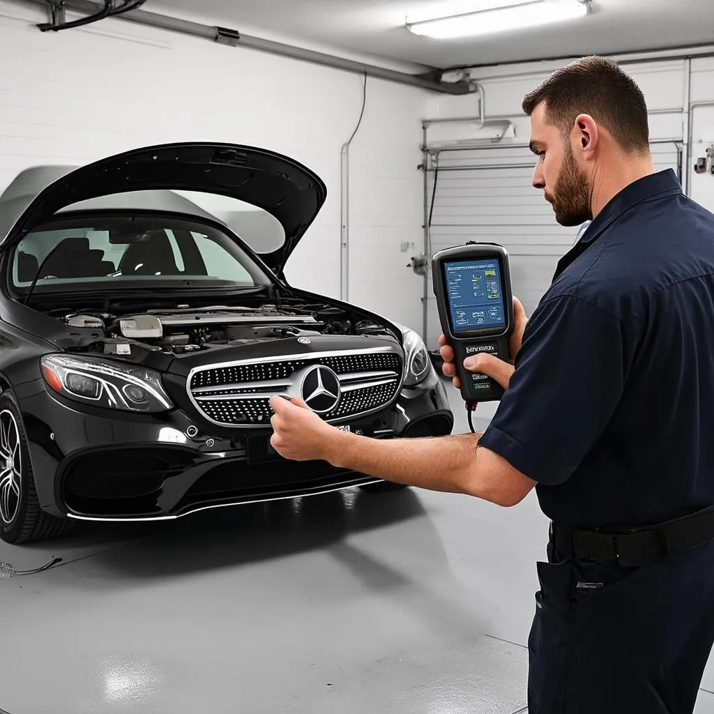 Mercedes Mechanic Using Scanner