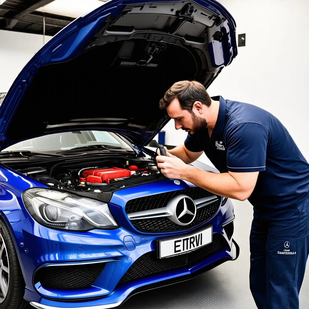 Mechanic using Star Tool on Mercedes