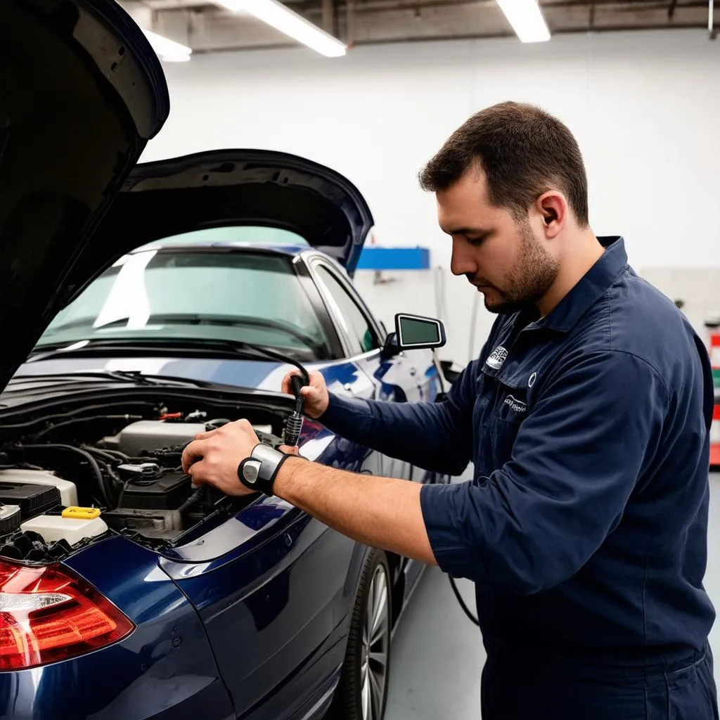 Mercedes Mechanic Using Diagnostic Tool