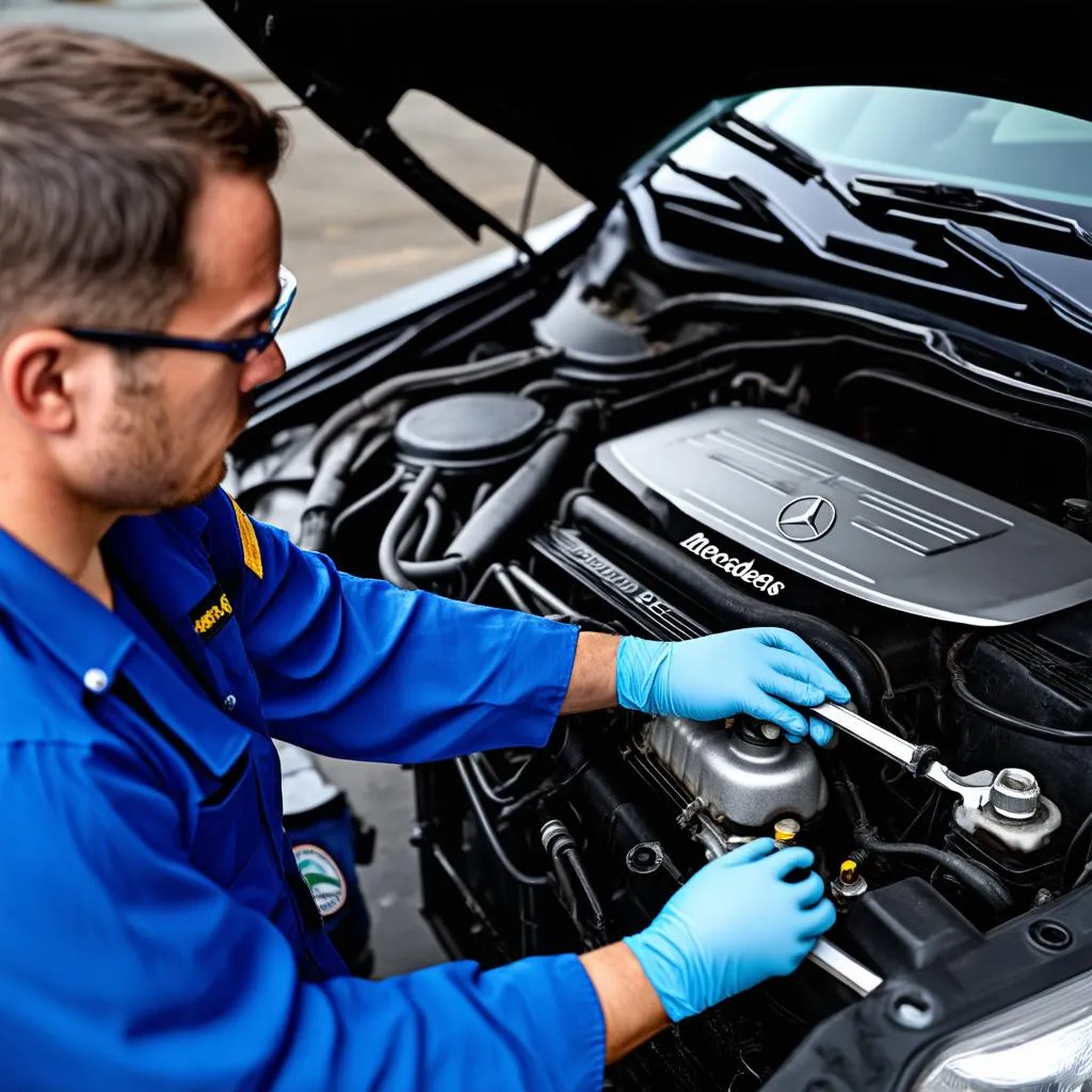 Mechanic working on a Mercedes-Benz engine